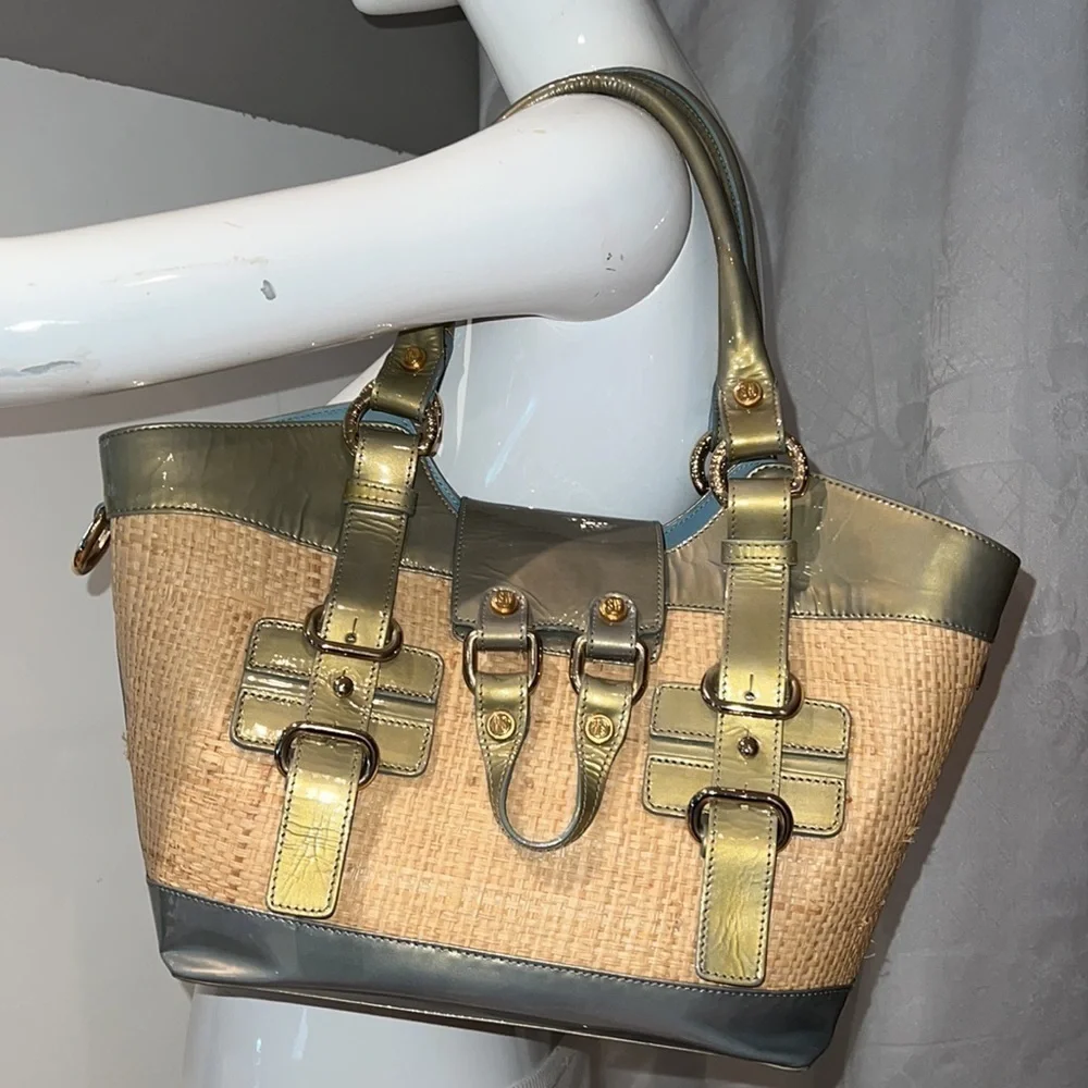 Stuart Weitzman Patent Leather and Raffia Woven Satchel w/ crossbody strap